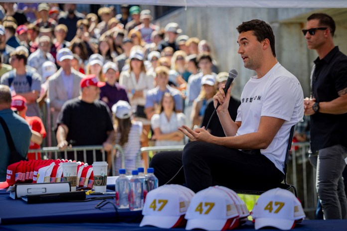 Charlie Kirk speaks before he is shot during Turning Point's visit to Utah Valley University in Orem, Utah, on Wednesday, Sept. 10, 2025.
