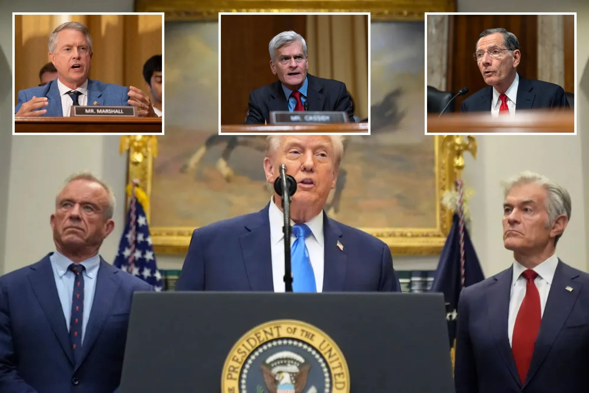 Collage featuring Sens. Roger Marshall (R-KS), Bill Cassidy (R-LA), and John Barrasso (R-WY). Pictured below from l-r: Health and Human Services Secretary Robert F. Kennedy Jr., President Donald Trump and Centers for Medicare & Medicaid Services administrator Dr. Mehmet Oz. 