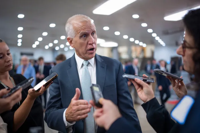 Sen. Thom Tillis, R-N.C., speaks with reporters at the Capitol in Washington, Sept. 25, 2024