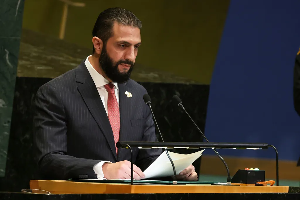 Syrian President Ahmad al Sharaa speaks.