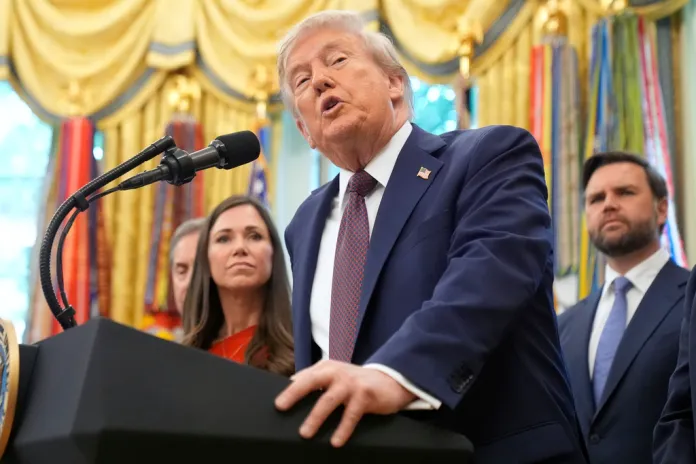 President Donald Trump speaks during an event about the relocation of U.S. Space Command headquarters from Colorado to Alabama in the Oval Office of the White House, Tuesday, Sept. 2, 2025, in Washington, as Sen. Katie Britt (R-AL) and Vice President JD Vance listen.
