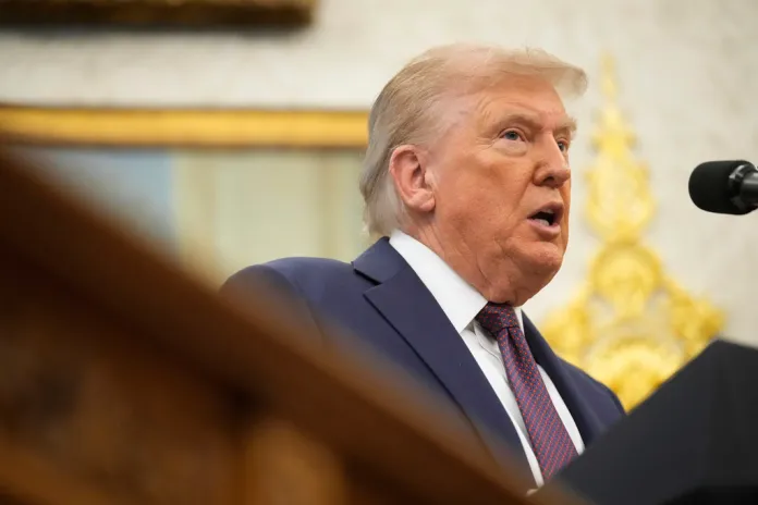 President Donald Trump speaks during an event about relocating U.S. Space Command headquarters from Colorado to Alabama in the Oval Office of the White House on Tuesday, Sept. 2, 2025, in Washington.