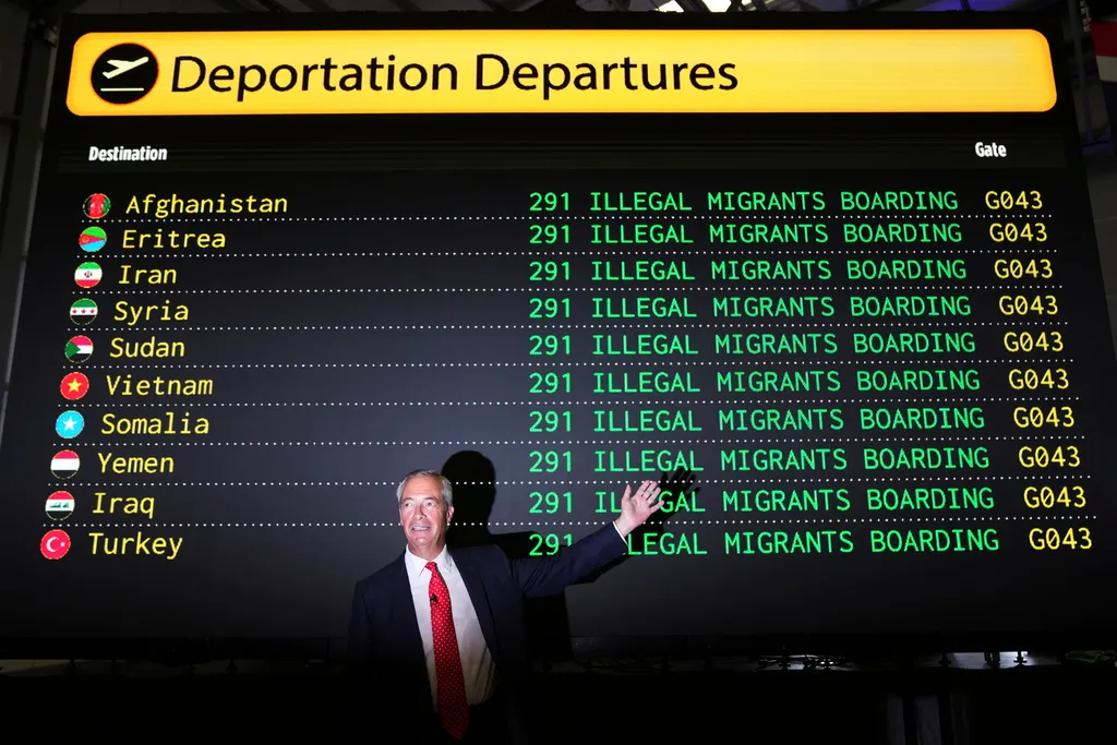 Reform UK leader Nigel Farage poses in front of a mock departures board.