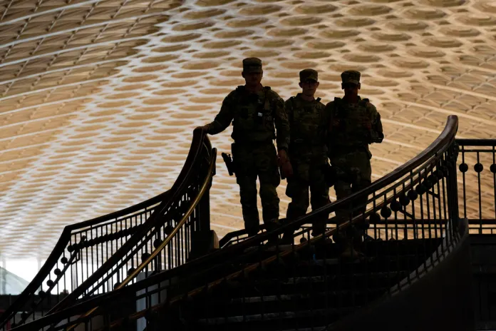 Members of the Louisiana National Guard patrol at Union Station in Washington, Aug. 26, 2025.