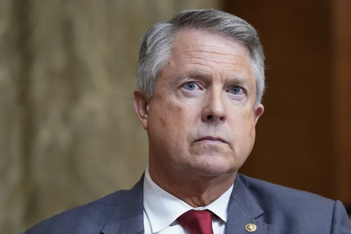 Sen Roger Marshall, R-Kan., listens during a Senate committee on the President's FY'24 budget proposal, Wednesday, March 15, 2023, on Capitol Hill in Washington.