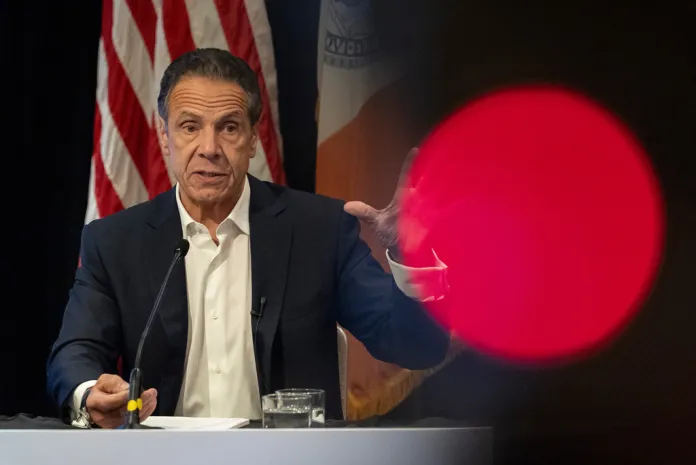 Independent mayoral candidate Andrew Cuomo talks to the press.