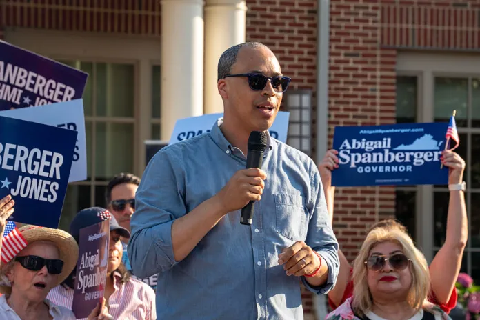 Jay Jones, who is running to become Virginia's attorney general in 2025, speaks to the audience during Abigail Spanberger's bus tour stop at Stacy C. Sherwood Community Center in Fairfax, Virginia on June 26, 2025. (Maxine Wallace/The Washington Post via Getty Images)