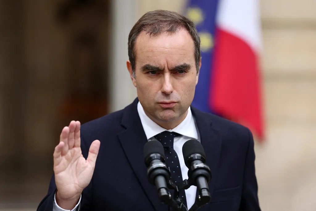 French outgoing Prime Minister Sebastien Lecornu, who resigned just a day after naming his government, delivers his statement at the Hotel Matignon in Paris, Monday, Oct. 6, 2025. (Stephane Mahe/Pool via AP)