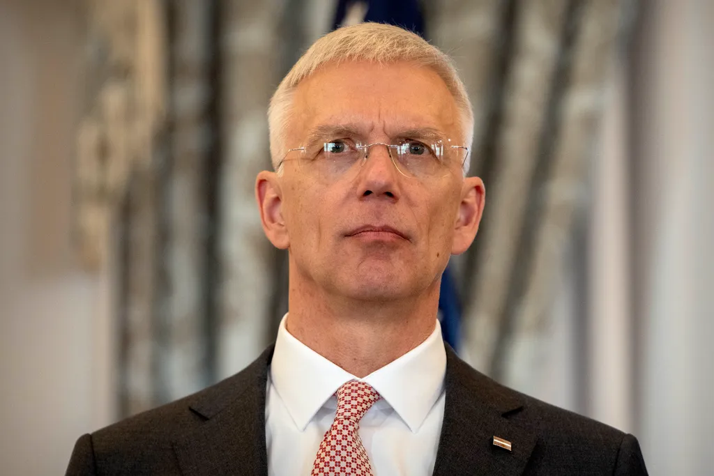 Latvia's Foreign Minister Krisjanis Karins stands during remarks on the sidelines of a meeting with Secretary of State Antony Blinken and the foreign ministers of Estonia and Lithuania at the State Department, Monday, March 25, 2024, in Washington. (AP Photo/Mark Schiefelbein).
