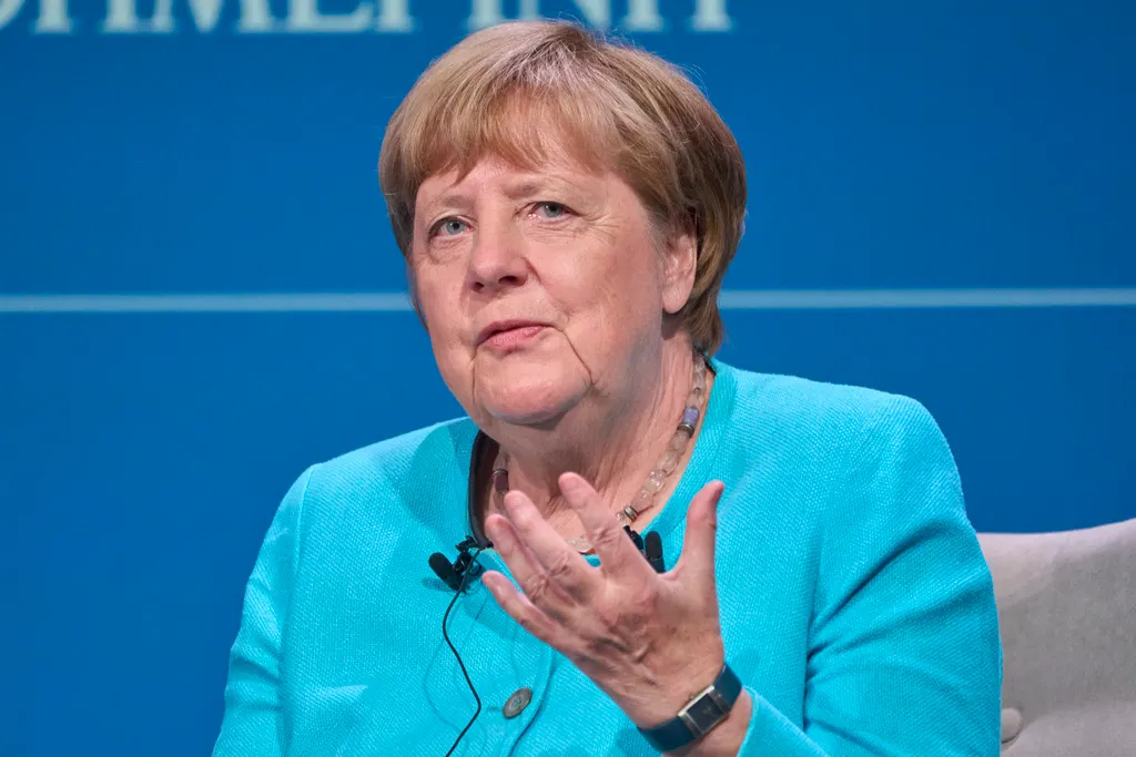 Former German Chancellor Angela Merkel speaks during the presentation of her book "Freedom" at the Stavros Niarchos Foundation Cultural Center in Athens, Greece, on Wednesday, July 2, 2025. (AP Photo/Petros Giannakouris)