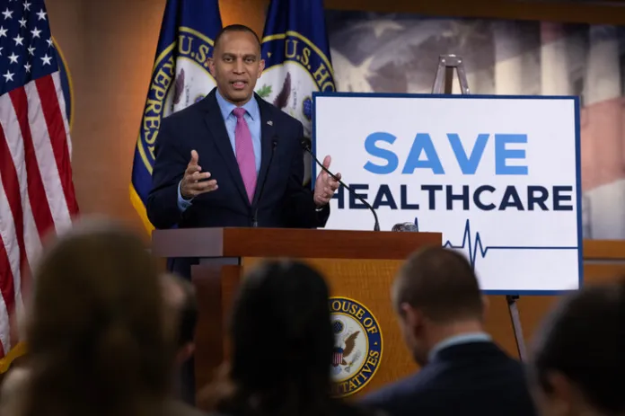 House Minority Leader Hakeem Jeffries (D-NY) at a press conference Friday on the government shutdown.