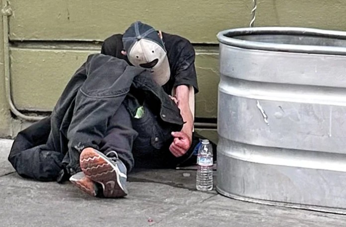 A drug user in San Francisco’s notorious Tenderloin district, May 6, 2025. (Barnini Chakraborty/Washington Examiner)