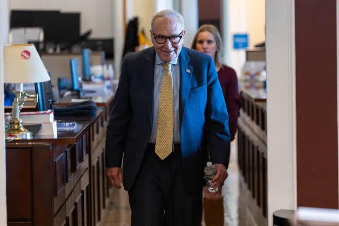 Senate Minority Leader Chuck Schumer (D-NY) heads to a meeting with reporters.