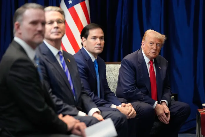 Donald Trump sits with Marco Rubio, Scott Bessent and other members of his administration at ASEAN.