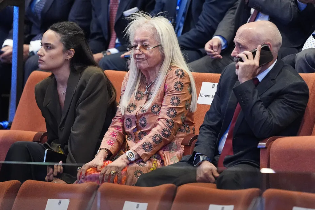 Miriam Adelson arrives before President Donald Trump speaks to the Knesset.