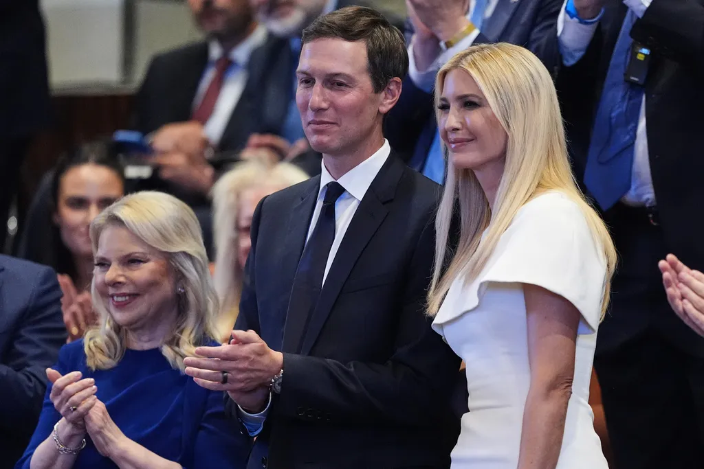 Jared Kushner and Ivanka Trump are recognized by President Donald Trump as he speaks to the Knesset.