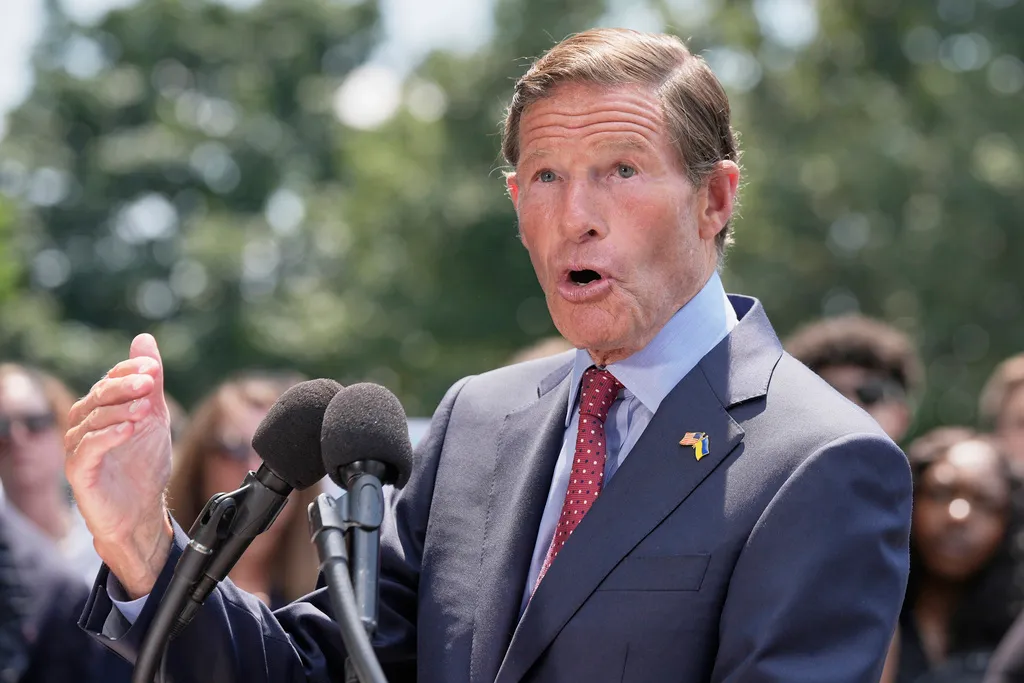 Sen. Richard Blumenthal (D-CT) speaks during a news conference on the Voting Rights Advancement Act, on Capitol Hill, Tuesday, July 29, 2025, in Washington.