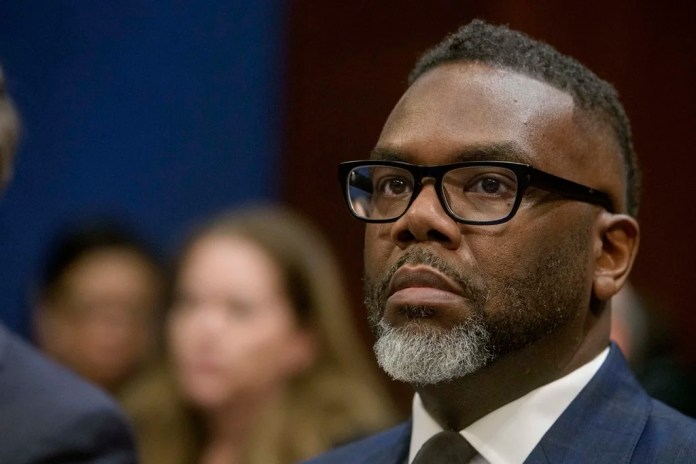 Chicago Mayor Brandon Johnson takes his seat at the witness table during a House Committee on Oversight and Government Reform hearing with Sanctuary City Mayors on Capitol Hill, Wednesday, March 5, 2025, in Washington.