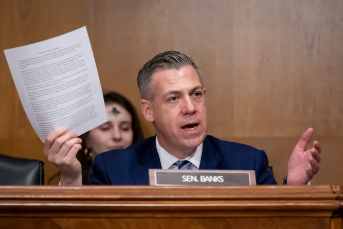 Sen. Jim Banks speaking during a congressional hearing.