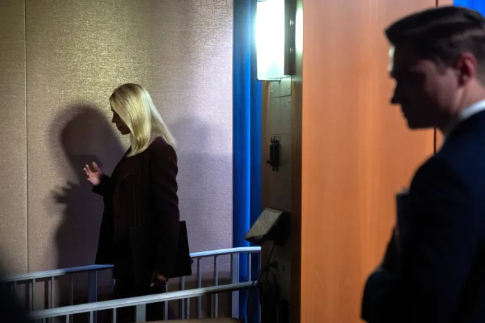 Pam Bondi leaves after answering reporters' questions about Justice Department efforts to release additional files related to Jeffrey Epstein.