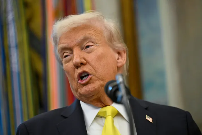 President Donald Trump speaks during an event in the Oval Office