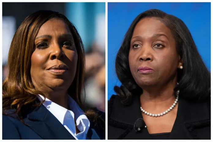 Side-by-side file images showing Letitia James and Lisa Cook, each photographed at separate public events.