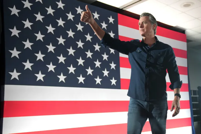 Gov. Gavin Newsom (D-CA) speaks during a rally with Harris County Democrats