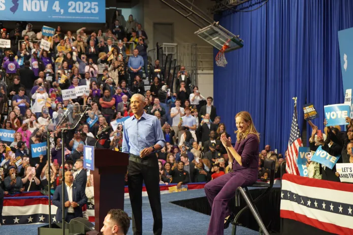 Former President Barack Obama arrives at the Essex County College gymnasium on Saturday, Nov. 1, 2025 in Newark, New Jersey, for a rally for Rep. Mikie Sherrill (D-NJ), the Democratic candidate in the 2025 gubernatorial election. (Sydney Topf/Washington Examiner)