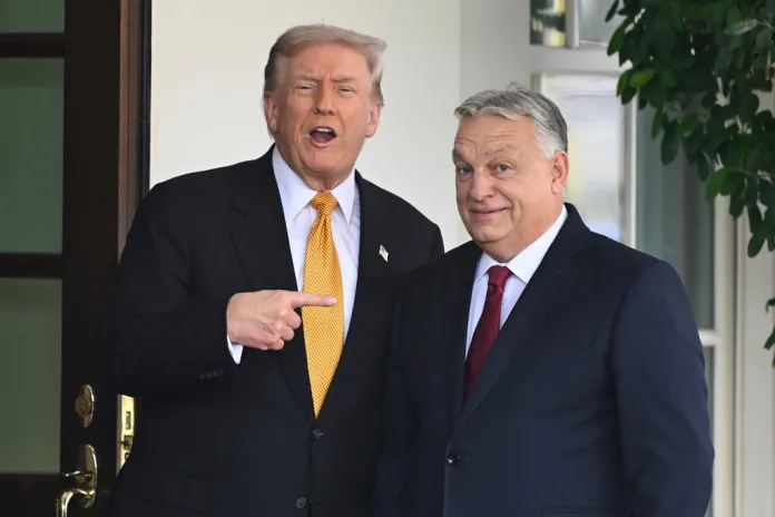 President Donald Trump greets Hungary's Prime Minister Viktor Orban.