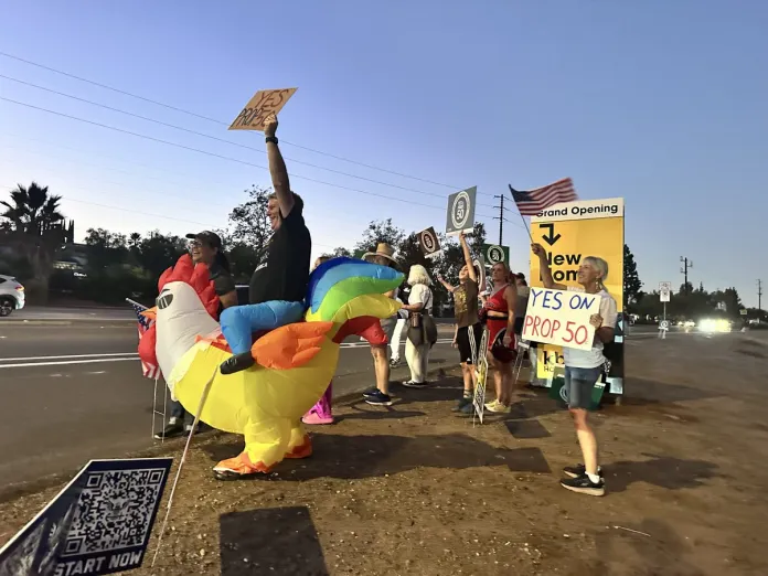 Supporters in favor of Proposition 50 gather in Escondido, California on Oct. 30, 2025. (Barnini Chakraborty/Washington Examiner)