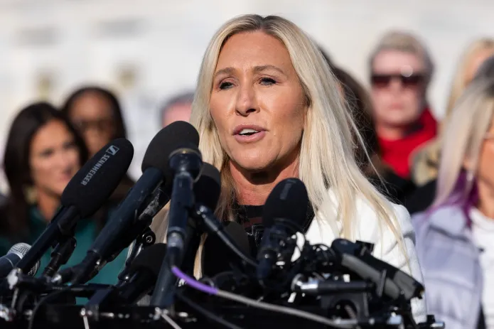Rep. Marjorie Taylor Greene (R-GA) speaks at an Epstein press conference.
