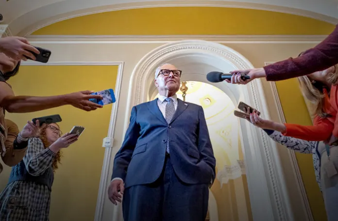 Senate Minority Leader Chuck Schumer (D-NY) speaks to reporters.