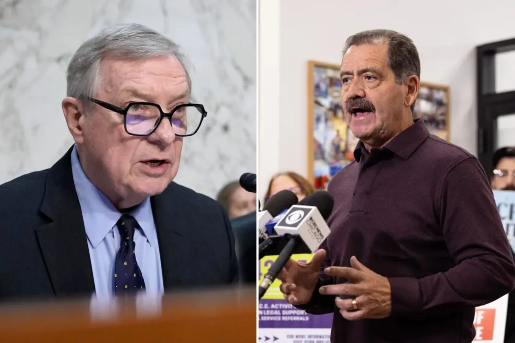 (L) Dick Durbin, D-Ill., gives an opening statement before the Senate Judiciary Committee, (R) Congressman Jesus "Chuy" Garcia speaks during a press conference.