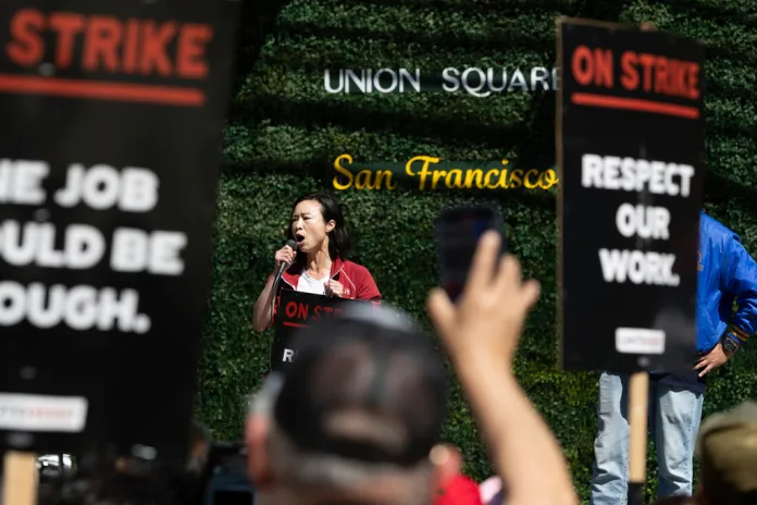 Connie Chan, San Francisco's supervisor for District 1, makes remarks at a rally in support of hotel workers at Union Square.