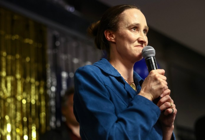 Seattle mayoral candidate Katie Wilson speaks during an election night watch party.