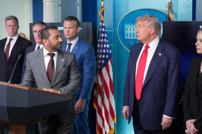 FBI Director Kash Patel speaks as Attorney General Pam Bondi, President Donald Trump, War Secretary Pete Hegseth, Interior Secretary Doug Burgum, and Army Secretary Dan Driscoll listen in the James Brady Press Briefing Room.
