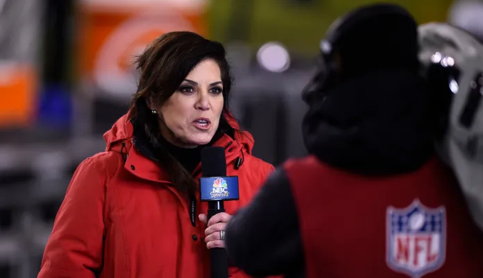 Sportscaster Michele Tafoya reports during the first half of an NFL football game between the Philadelphia Eagles and the Washington Football Team, Sunday, Jan. 3, 2021, in Philadelphia. (AP Photo/Derik Hamilton)