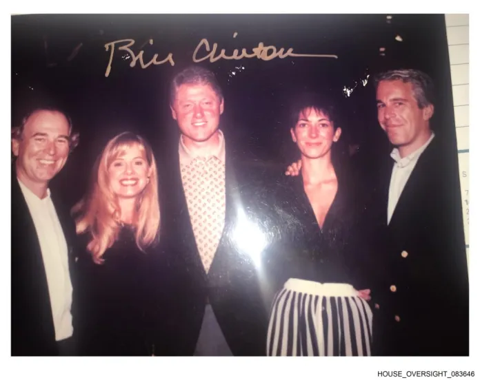 Bill Clinton stands beside Ghislaine Maxwell and Jeffrey Epstein in a group photo. (Shared by House Oversight Committee Democrats)