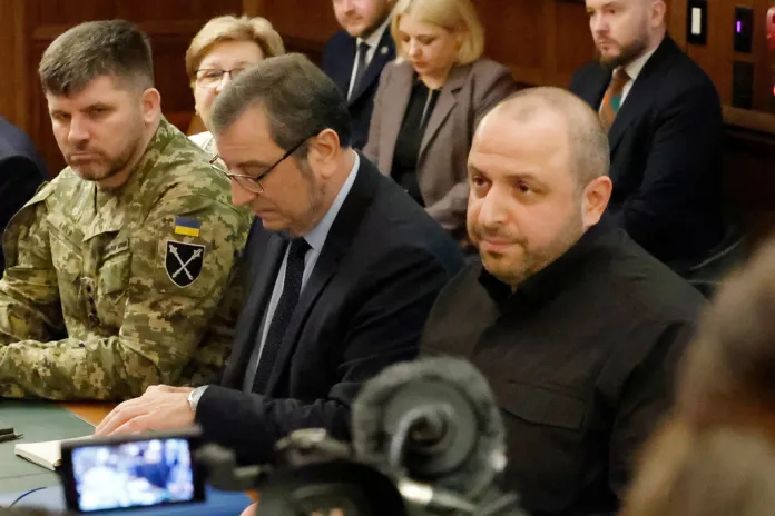 Ukrainian Chief of the General Staff Andrii Hnatov, Deputy Chief of the Head of Defense Intelligence Vadym Skibitskyi, and Secretary of National Security Rustem Umerov during a meeting with U.S. officials.