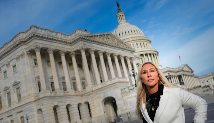Rep. Marjorie Taylor Greene, R-Ga., arrives to a news conference on the Epstein Files Transparency Act, Tuesday, Nov. 18, 2025, outside the U.S. Capitol in Washington. (AP Photo/Julia Demaree Nikhinson)
