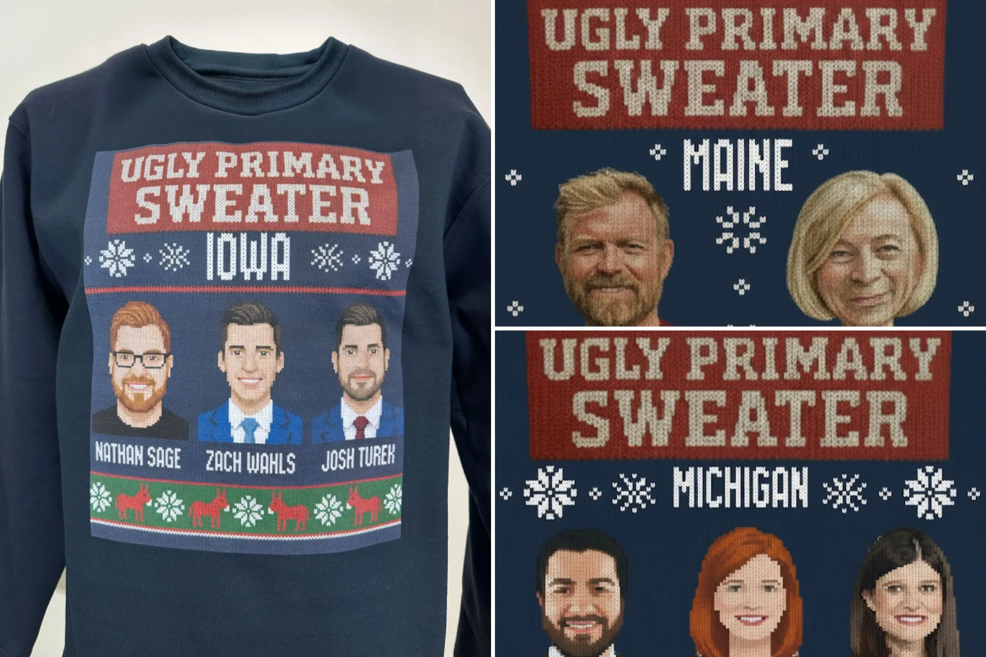 NRSC "ugly primary" sweaters panning Democratic Senate candidates in Iowa, Maine, and Michigan.