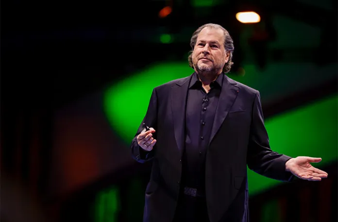 Salesforce CEO Marc Benioff speaks to thousands at the Moscone South Hall during Dreamforce in San Francisco on Sept. 17, 2024. (Brontë Wittpenn/San Francisco Chronicle via AP)