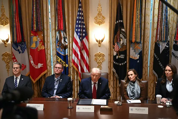 (L-R) US Secretary of Treasury Scott Bassent, Cordt Holub from NuTech Seed, US President Donald Trump, Meryl Kennedy, CEO of 4Sisters Rice and US Secretary of Agriculture Brooke Rollins look on during a roundtable event to discuss aid for farmers, in the Cabinet Room of the White House in Washington, DC, on December 8, 2025. President Trump is announcing a $12 billion aid package for US farmers, targeting a key support base hit by his trade policies. Since Trump's return to the White House in January, many US farmers have been battered by impacts of his wide-ranging tariffs, including retaliatory measures from trading partners.