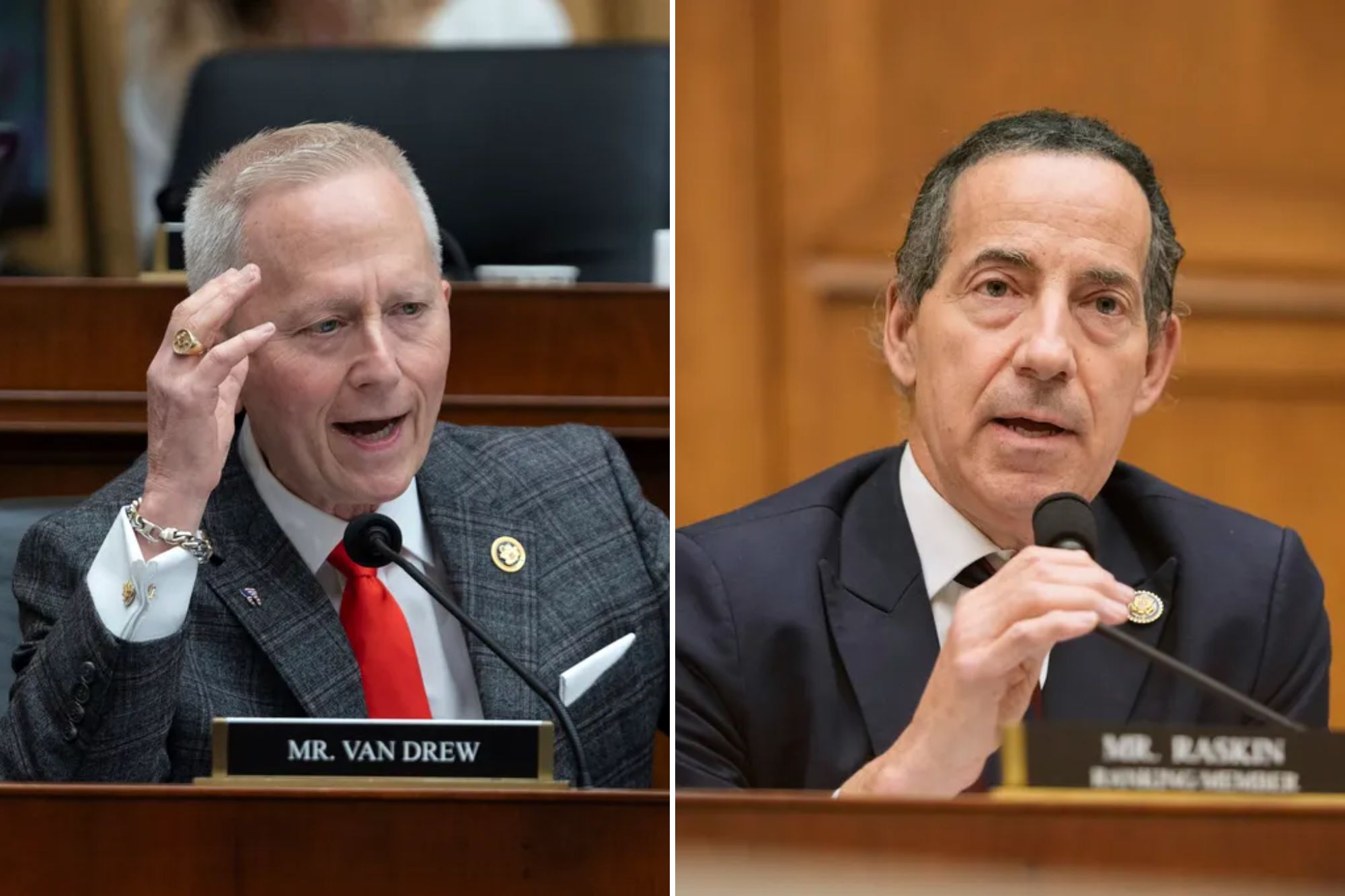 From l-r: Rep. Jeff Van Drew, R-N.J., speaks during the House Judiciary Committee markup on Thursday, May 16, 2024, on Capitol Hill in Washington, and Committee Ranking Member Rep. Jamie Raskin, D-Md., speaks during a hearing on Wednesday, Sept. 17, 2025
