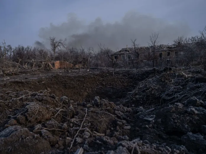 Craters and ruined houses near the front line in the Druzhkivka direction, Donetsk region, Ukraine.