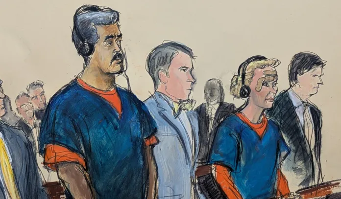 A court room sketch shows Nicolas Maduro appearing before a judge in New York