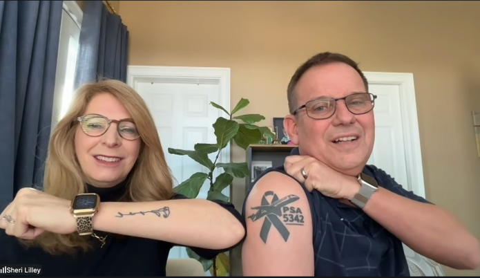 Sheri and Tim Lilley display tattoos honoring their son, Sam Lilley, during a Zoom call with the Washington Examiner on Jan. 22.