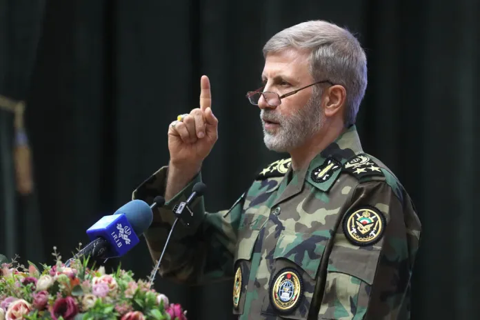 Amir Hatami speaks at a military academy in Tehran