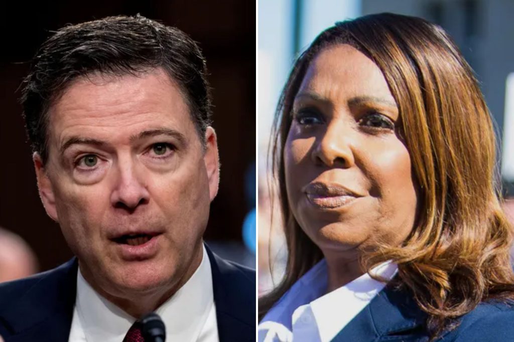 Collage of former FBI Director James Comey and New York Attorney General Letitia James.