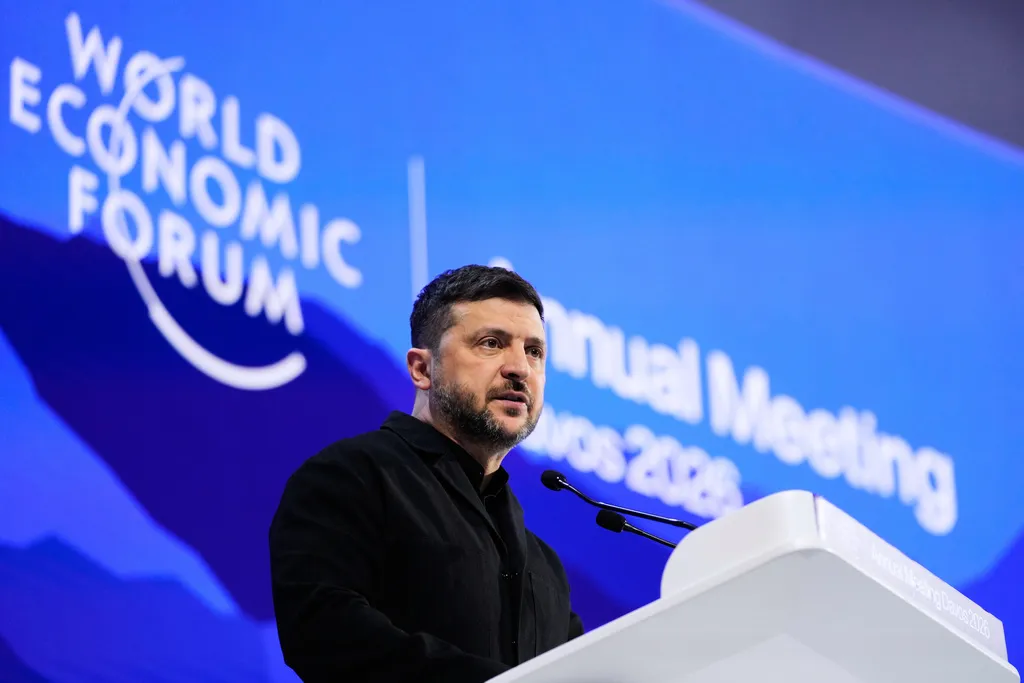 Ukraine's President Volodymyr Zelenskyy delivers a speech at the Annual Meeting of the World Economic Forum in Davos, Switzerland, Thursday, Jan. 22, 2026. 